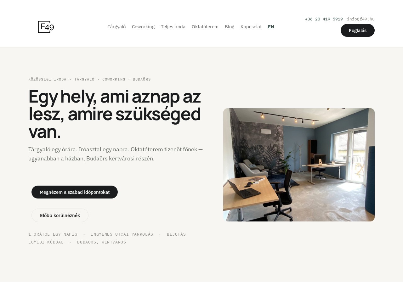 Az f49.hu weboldal nyitóoldala – XLGuru által készített coworking iroda honlap
